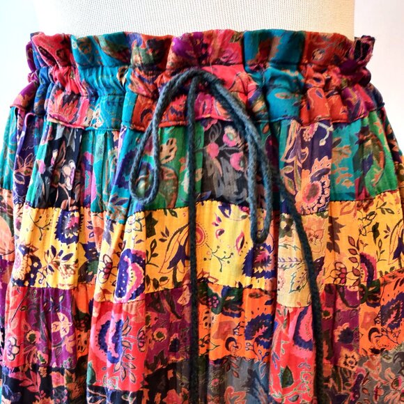 Vintage Boho Womens M/L? Patchwork Tiers Semi Sheer Lightweight Maxi Skirt Flaw - Picture 4 of 11